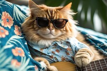 Cool Cat Playing Guitar In Shades. Generative AI