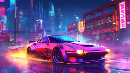 Car drifting action scene in the city at night concept art speed race , AI	
