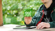 man touching green CO2 icon and green icon on a green background. Renewable energy-based green businesses can limit climate change and global warming. Reduce CO2 emission. Evironmental technology conc