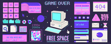 Big Icon (sticker) Set In Retro Style. Old Computer Aestethic Elements. Nostalgia For 1990s -2000s. Retro Pc User Interface In Trendy Y2k Vector Illustration. Isolated Background. Flat Style
