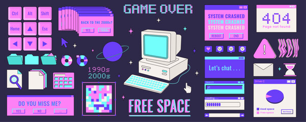 Fototapete - Big icon (sticker) set in retro style. Old computer aestethic elements. Nostalgia for 1990s -2000s. Retro pc user interface in trendy y2k Vector illustration. Isolated background. Flat style