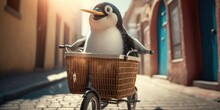 Penguin Have Fun Bicycle Ride On Sunshine Day In Summer On Town Street Generative AI