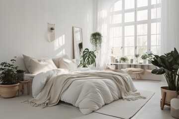 Wall Mural - Large bed with cozy bedding, soft gray carpet, plants in pots, light on the floor, and window with curtains against a backdrop of white walls. Blog about furniture, advertisements, and Generative AI