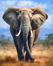 Majestic Elephant With Large Tusks, Standing In An African Savannah. Oil Paint Style, Generative Ai