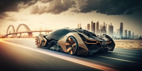 Poster - futuristic electric car, super car driving on city highway road with motion blur. distinct generativ