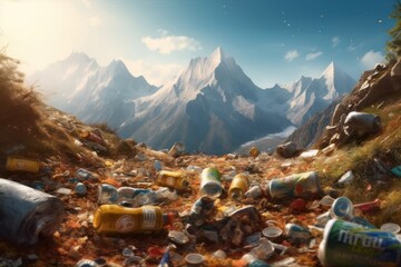 Wall Mural - AI Generated organic trash in the mountain background