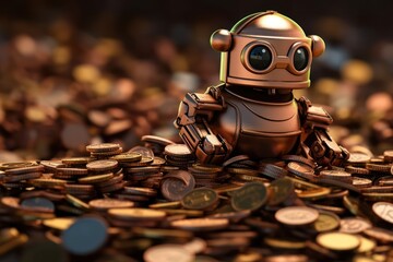 AI Generated pile of cooper coins robot symbol on the coins side background