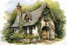 Watercolor English Country Cottage. Generative AI