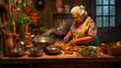 © o.charlyv - Abuela latina cocina feliz para su familia en su cocina con motivos, texturas y patrones latinas  IA Generativa