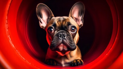 Wall Mural - French bulldog isolated over red and black background, looking through a hole - Generative AI