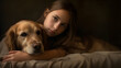 Joven mujer con su perro golden retriever en un retrato de estudio íntimo IA generativa