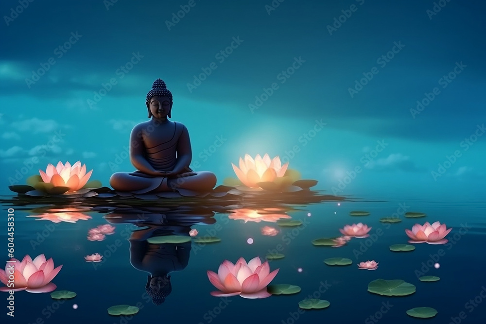 Serene Buddha statue surrounded by lotus flowers and candles on river ...