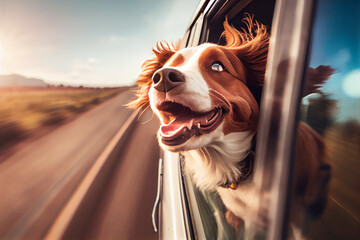 Happy dog with head out of the car window having fun. High quality illustration