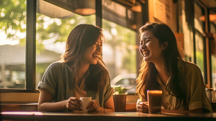 Dos jóvenes mujeres enamoradas toman café en una cafetería detrás del atardecer