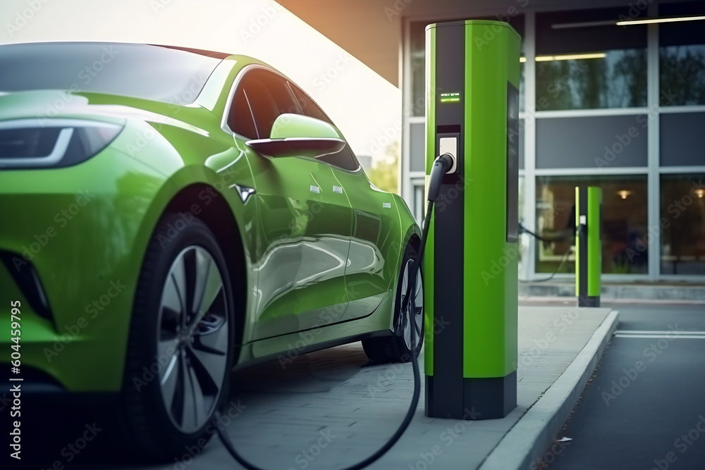 EV charging station for electric car in the concept of green energy and ...