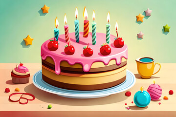 Birthday cake icon set with candles and decorations. Pink cake emoji. Party surprise. Holiday food