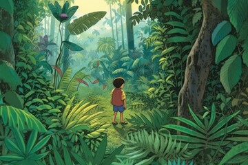 AI Generated childrens story book page of boy adventures into a lush forest background