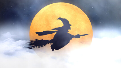 Wall Mural - witch silhouette flying broom past orange moon features the silhouette of a witch flying on her broo