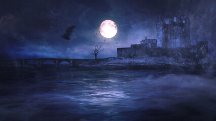 Wall Mural - dark lake castle with bats flying features an old castle by an eerie lake and full moon with rolling