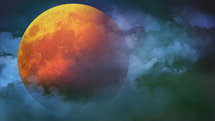 Full Orange Harvest Halloween Moon in the Clouds features clouds rolling by a large orange full moon.