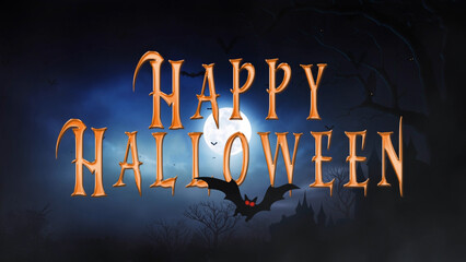 Wall Mural - happy halloween bat filled night features happy halloween text with a full moon in a night sky with 