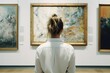 Young woman looks at paintings in a museum. Woman at art gallery