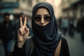 Lifestyle outdoors portrait of a young beautiful Arab woman in a veil. AI generated, human enhanced