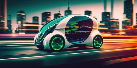 Poster - Futuristic electric car driving on urban highway road. distinct generative AI image.