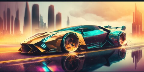 Poster - Elegant luxury super sports car future design driving on modern city highway Generative AI
