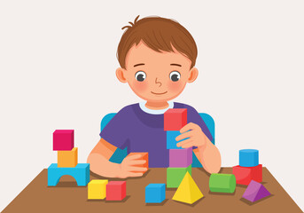 Poster - Cute little boy playing colorful wooden brick block toys at the table