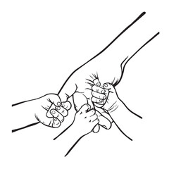 3 Hands, Dad Raised Fist Bump Dad and baby hands holding vector line art - Father's day for t-shirt