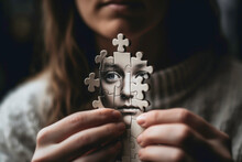 Woman Holding Puzzle Of Her Inner Child Part Related To Trauma Healing. Generative AI.