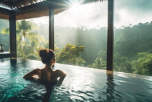 Beautiful woman on vacation in pool at luxury spa hotel in Bali. Generative AI.