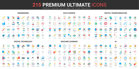 Poster - Digital technology, AI and data science color flat icons set vector illustration. Abstract symbols of engineering and digital transformation, machine learning simple design for mobile and web apps