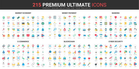 Poster - Blockchain, money payment and trade color flat icons set vector illustration. Abstract symbols of ecommerce order, banking account and wallet, online business simple design for mobile and web apps