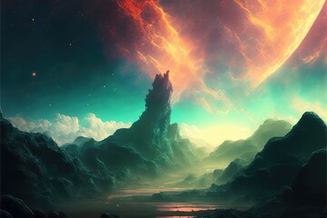 Wall Mural - utopian dreamland landscape with sky of colorful nebula. distinct generative ai image.