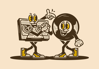 Mascot character illustration of tape cassette and vinyls shaking hands