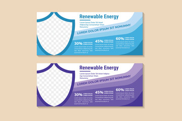 Poster - abstract horizontal banner design template for business of renewable energy campaign. shield object for photo space. multicolor blue and purple element colors selected. white background.