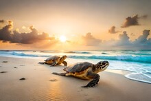 A Group Of Sea Turtles Sunbathing On A Sandy Beach