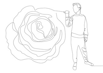 Poster - One continuous line of Man pointing with finger at rose. Thin Line Illustration vector concept. Contour Drawing Creative ideas.