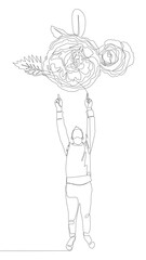 Poster - One continuous line of Man pointing with finger at rose. Thin Line Illustration vector concept. Contour Drawing Creative ideas.