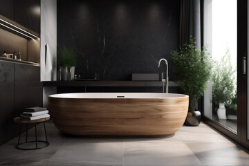 Wall Mural - design luxury wood bathroom minimalist black home bathtub modern furniture interior. Generative AI.