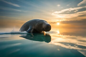 Sticker - A curious manatee swimming up to a boat