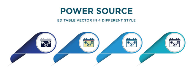Poster - power source icon in 4 different styles such as filled, color, glyph, colorful, lineal color. set of vector for web, mobile, ui