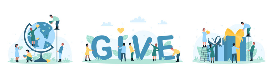 Charity set vector illustration. Cartoon tiny people donate love and hearts to world on globe of Earth, kind volunteers holding letter of Give word, giving donation gift boxes in humanitarian campaign
