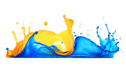 Wall Mural - Transparent water splash wave element.  Isolated splashing blue and yellow happy water wave for pool party or sunny ocean beach travel. Web banner, backdrop, background png graphic.