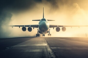 Poster - commercial airplane taking off from a busy airport runway Generative AI