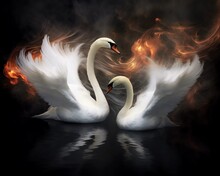A Pair Of Swans Facing Each Other Amid A Fiery Background Generative AI