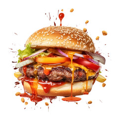 Appetizing burger on a transparent background with splashes (Created by AI)