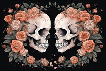 Two Skulls And Roses On A Dark Background Generative AI